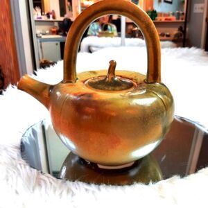 R. Hankia Vintage Rare  Porcelain Green  Orange‎ Tea Pot Signed 18R x10.5 T